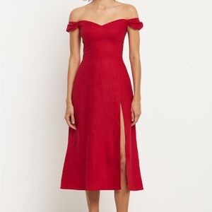 Reformation Bridgton off-shoulder linen midi dress